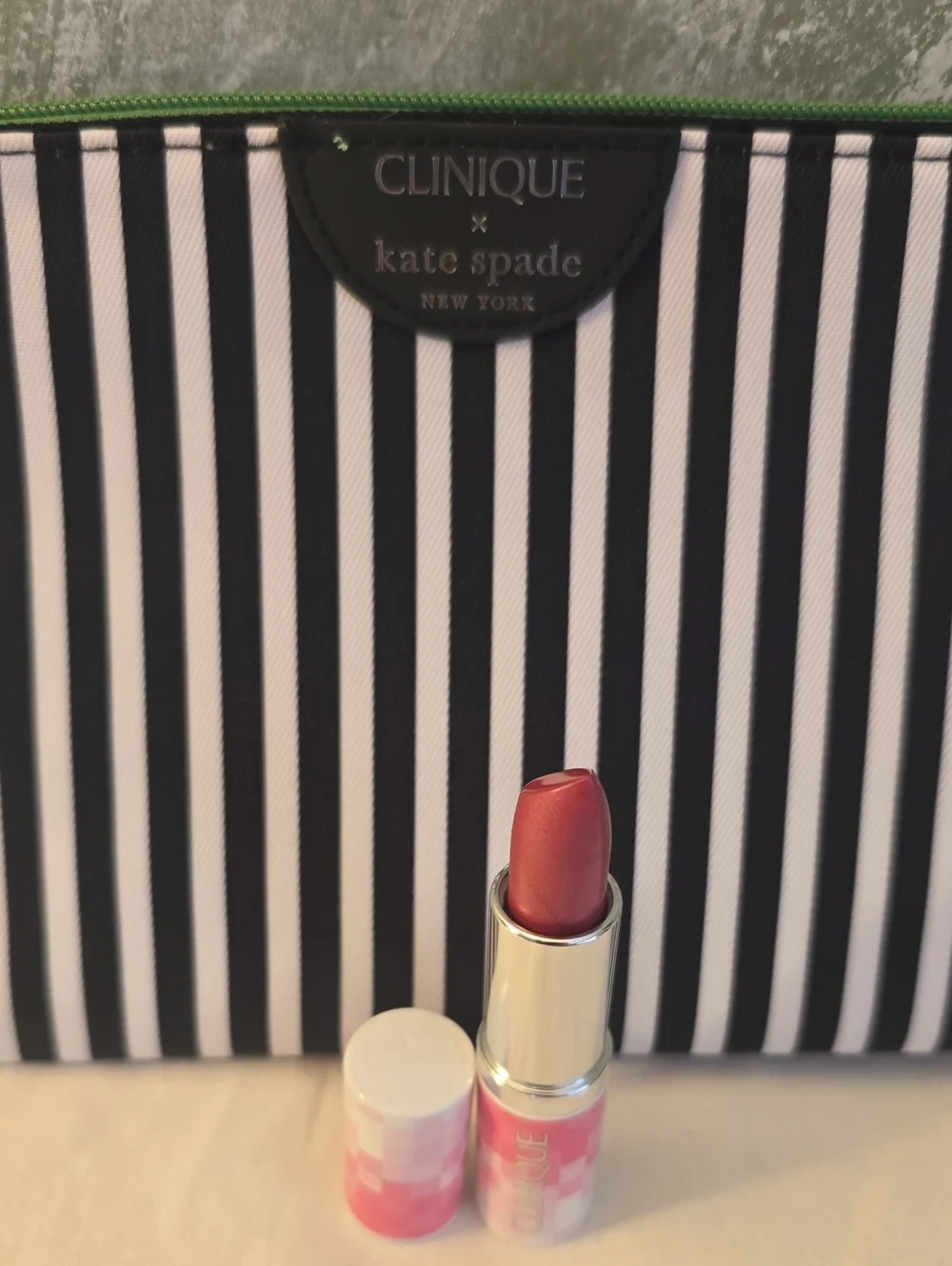 Clinique x Kate Spade Black & White Striped Cosmetic Pouch & Lipstick Love Pop
